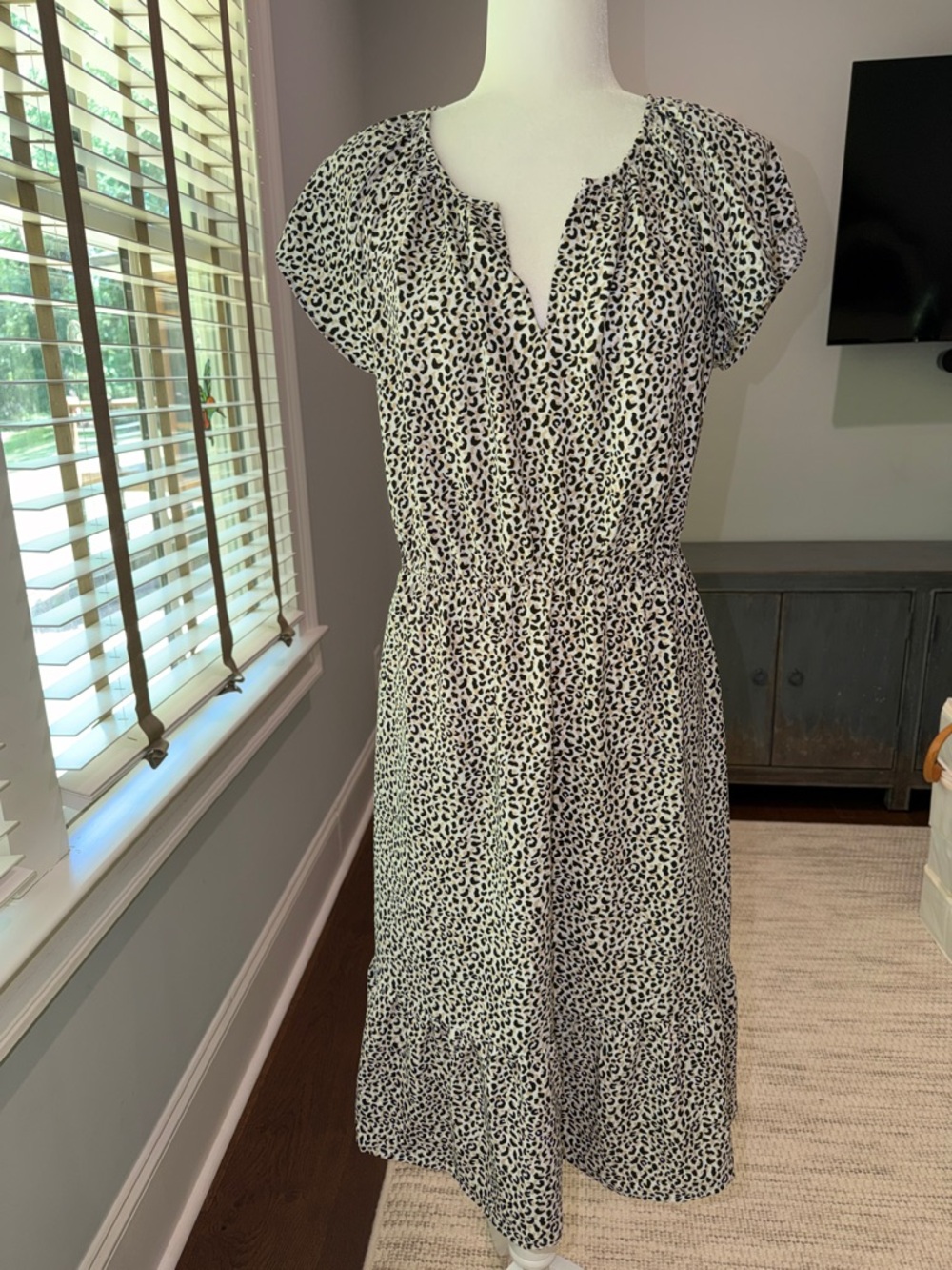 LOFT Black and White Leopard-Print Midi Dress